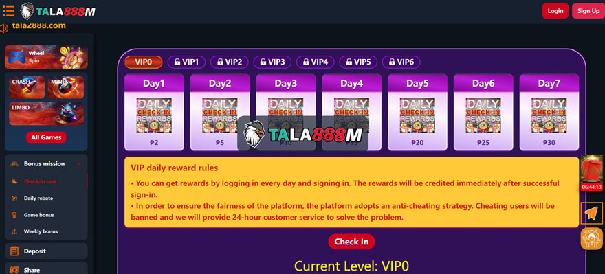Magrehistro Tala888 upang maglaro ng Tala888 na mga laro sa pagsusugal. Pag-withdraw ng deposito, walang minimum